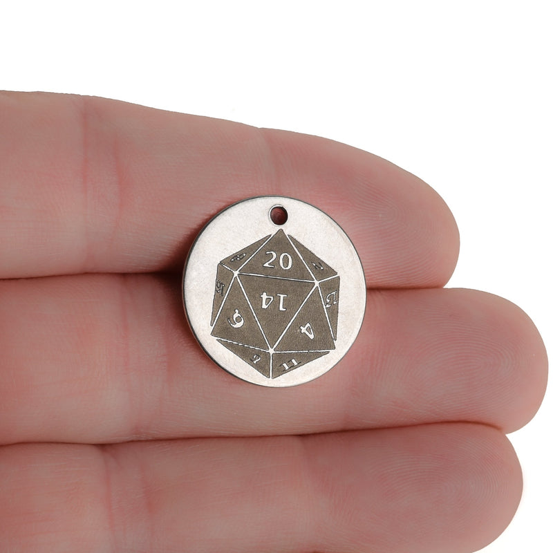 5 D20 Tabletop RPG Charms, Nat 20 Stainless Steel Charms, Lucky Dice Silver 20mm (3/4") cls0245a