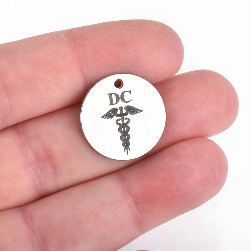 5 CHIROPRACTOR DC Charms, Medical Stainless Steel Charms, DC Charms, Caduceus Charms, 20mm (3/4"), cls0299a
