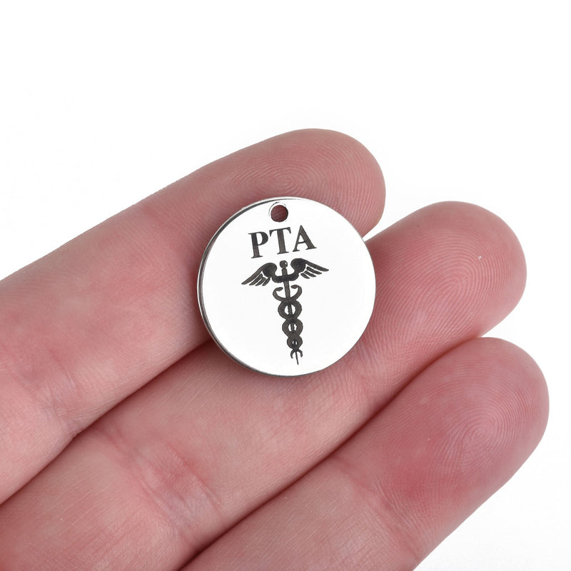 5 PTA Charms, Physical Therapy Assistant Stainless Steel Quote Charms, Medical Caduceus 20mm (3/4"), cls0301a