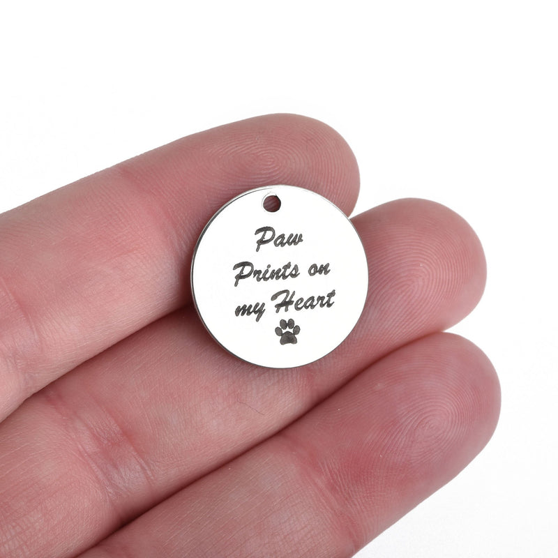 5 Pet Charms Stainless Steel Paw Prints on my heart quote 20mm (3/4") cls0303a