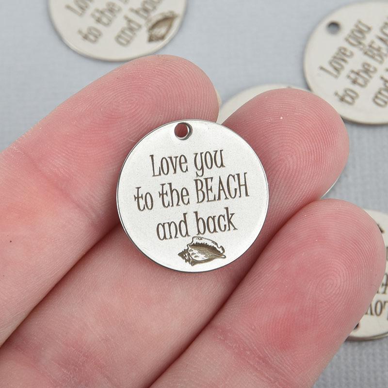 5 BEACH Charms, Love you to the BEACH and back Stainless Steel Quote Charms, Conch Shell, 20mm cls0312