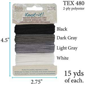 Waxed Macrame Cord Polyester, Day & Night Knot-It Mix, Black Grey White 15 yds each, cor0571