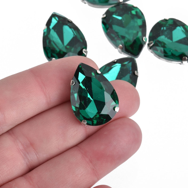 4 EMERALD GREEN Crystal Teardrop Findings Sew On Montee Beads 25x18mm cry0197