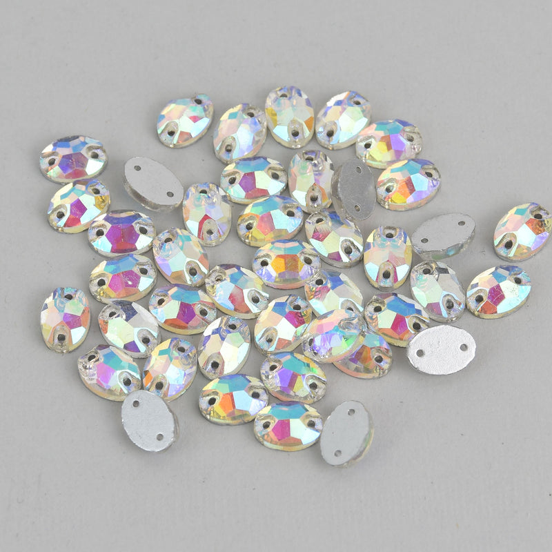 20 Clear AB Crystals, Oval Faceted Flat Back, Sew On, 10mm x 7mm, Cabochons, cry0205