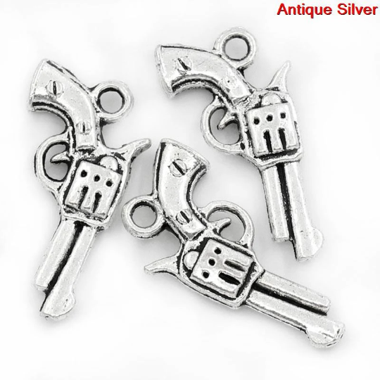 10 Silver SMALL Metal HANDGUN Pendant Charms  21x11mm chs0245