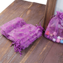 50 Organza Gift Bags, purple hearts and flowers with gold glitter, satin ribbon drawstring, usable space 13x12.5cm, 5-1/8" x 5",  bag0059