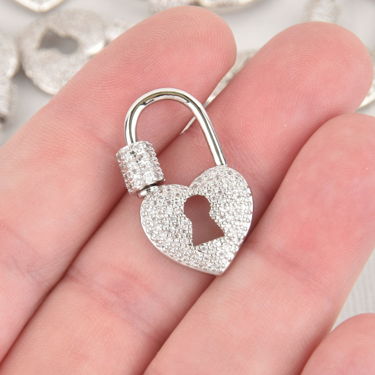 CZ Silver Micro Pave Carabiner Clasp, Heart Lock with Screw Clasp, 28mm fcl0369