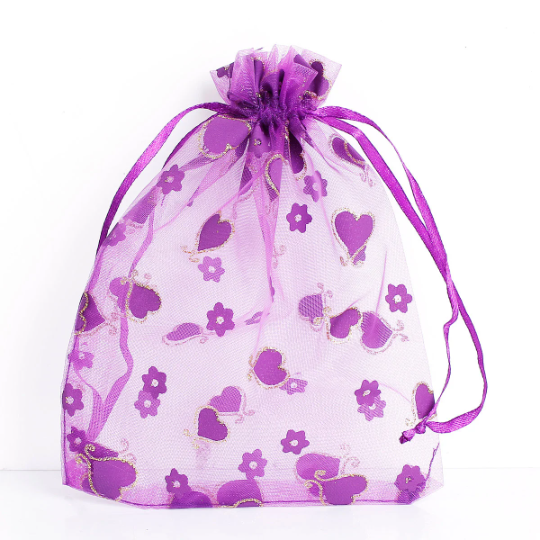 50 Organza Gift Bags, purple hearts and flowers with gold glitter, satin ribbon drawstring, usable space 13x12.5cm, 5-1/8" x 5",  bag0059