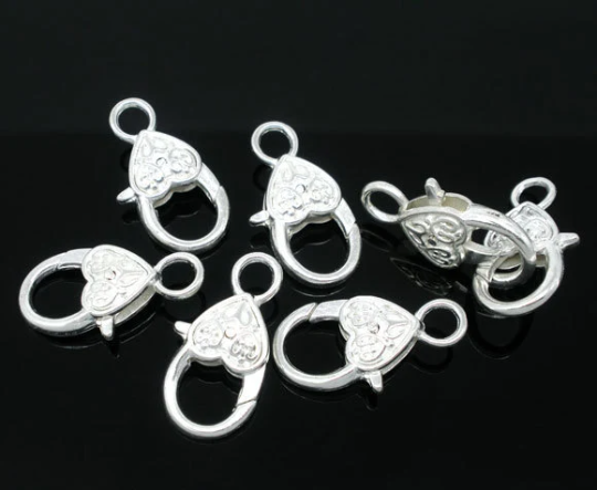 Ornate Large HEART LOBSTER Clasps, Bright Silver Plated Fancy, fcl0004