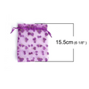 50 Organza Gift Bags, purple hearts and flowers with gold glitter, satin ribbon drawstring, usable space 13x12.5cm, 5-1/8" x 5",  bag0059