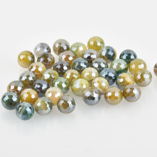 6mm Green Yellow Sardonyx Beads, Round Electroplate Gemstone, Faceted, x10 beads, gem0676