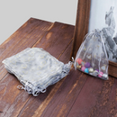 50 Organza Gift Bags, silver grey hearts and flowers with gold glitter, satin ribbon drawstring, usable space 13x12.5cm, 5-1/8" x 5" bag0060