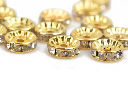 10mm CLEAR Rhinestone Crystal Spacer Rondelle Beads, 10 pieces . gold brass core  bme0080