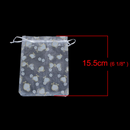 50 Organza Gift Bags, silver grey hearts and flowers with gold glitter, satin ribbon drawstring, usable space 13x12.5cm, 5-1/8" x 5" bag0060