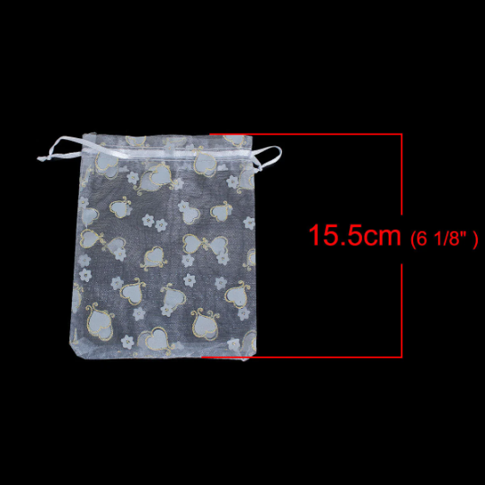 50 Organza Gift Bags, silver grey hearts and flowers with gold glitter, satin ribbon drawstring, usable space 13x12.5cm, 5-1/8" x 5" bag0060