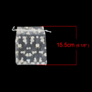 50 Organza Gift Bags, ivory cream hearts and flowers w/gold glitter, satin ribbon drawstring, usable space 13x12.5cm, 5-1/8" x 5",  bag0064