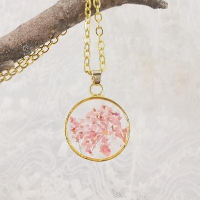 Pink Pressed Flower Necklace, gold plated, 18", jlr0293