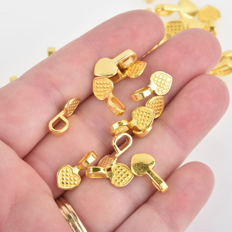 20 Gold HEART Glue-On Bails for Pendants 16x8mm flat back fba0071