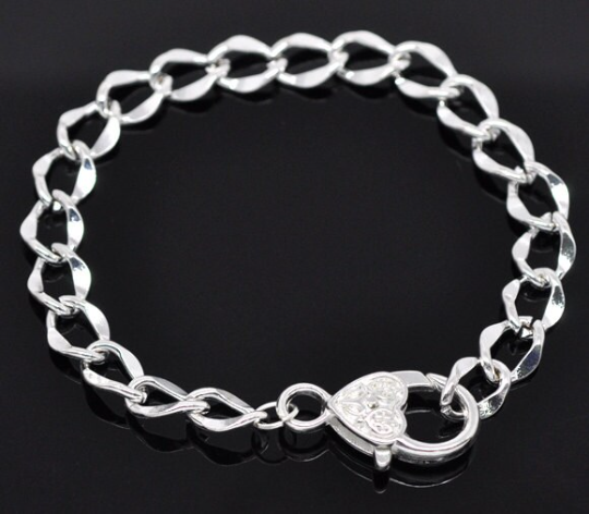5 Silver Plated Heart Lobster Clasp Curb Link Chain Bracelets 20cm (7-7/8")  fch0034