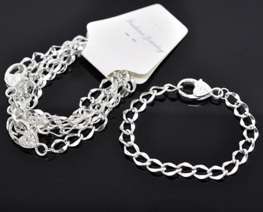 5 Silver Plated Heart Lobster Clasp Curb Link Chain Bracelets 20cm (7-7/8")  fch0034
