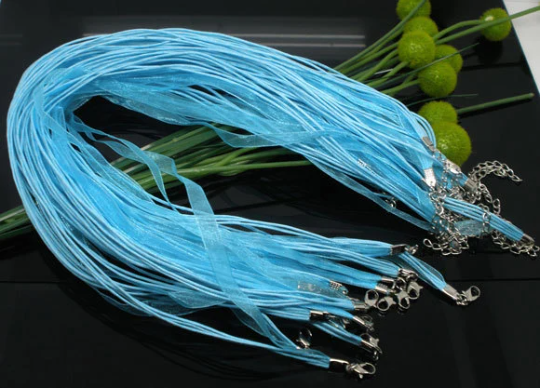 20 BABY BLUE Organza Necklace Cords with Lobster Clasp . 17.5" long with 2" extender chain  fch0076