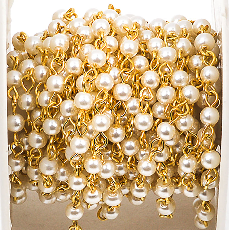 1 yard White Pearl Rosary Chain, gold, 4mm round glass pearl beads, fch0236