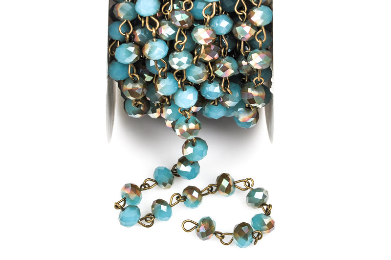 1 yard BLUE and RAINBOW AB Crystal Rondelle Rosary Chain, antique gold, 8mm faceted rondelle glass beads, fch0270a