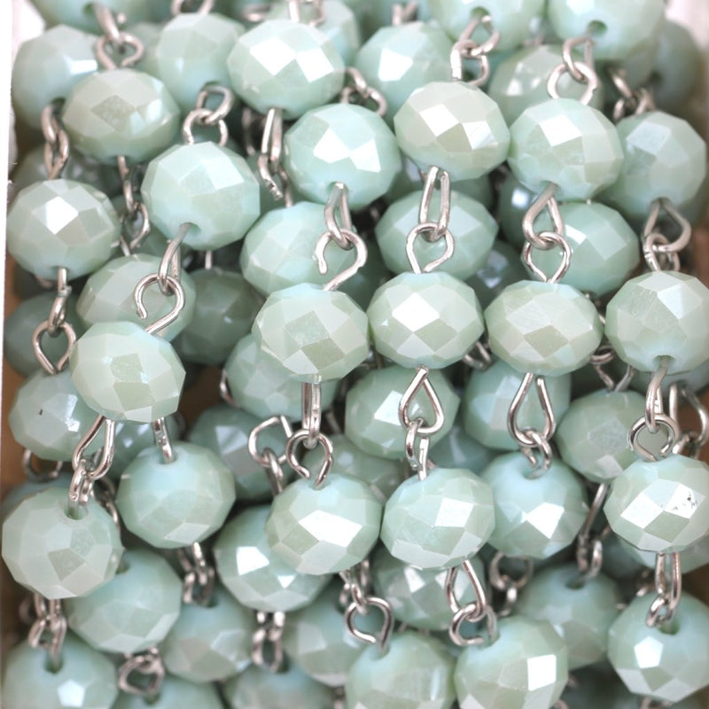 1 yard MINT GREEN Crystal Rondelle Rosary Chain, silver links, 8mm faceted rondelle glass beads, fch0353a