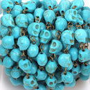 1 yard TURQUOISE HOWLITE SKULL Bead Rosary Chain, gemstone chain, bronze gold links, 10mm round gemstone beads, fch0370a