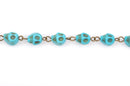 1 yard TURQUOISE HOWLITE SKULL Bead Rosary Chain, gemstone chain, bronze gold links, 10mm round gemstone beads, fch0370a