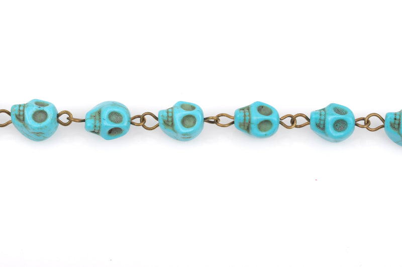 1 yard TURQUOISE HOWLITE SKULL Bead Rosary Chain, gemstone chain, bronze gold links, 10mm round gemstone beads, fch0370a