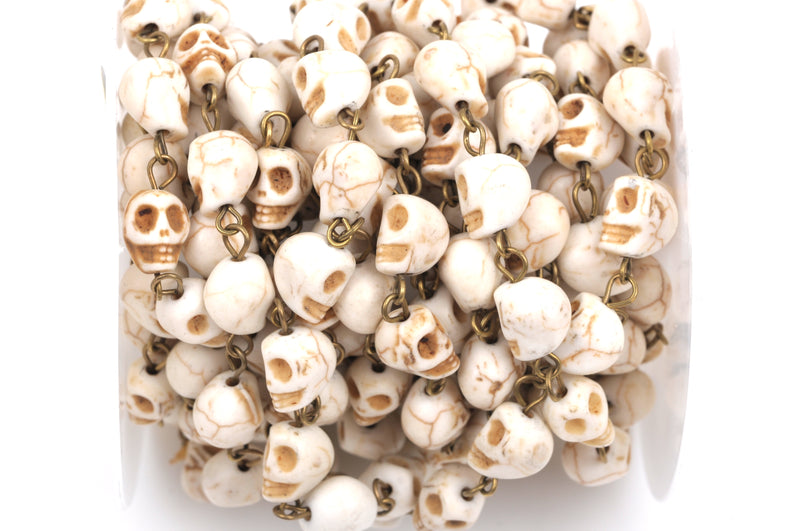 11 feet spool WHITE HOWLITE SKULL Bead Rosary Chain, gemstone chain, bronze gold links, 10mm gemstone beads, fch0371c