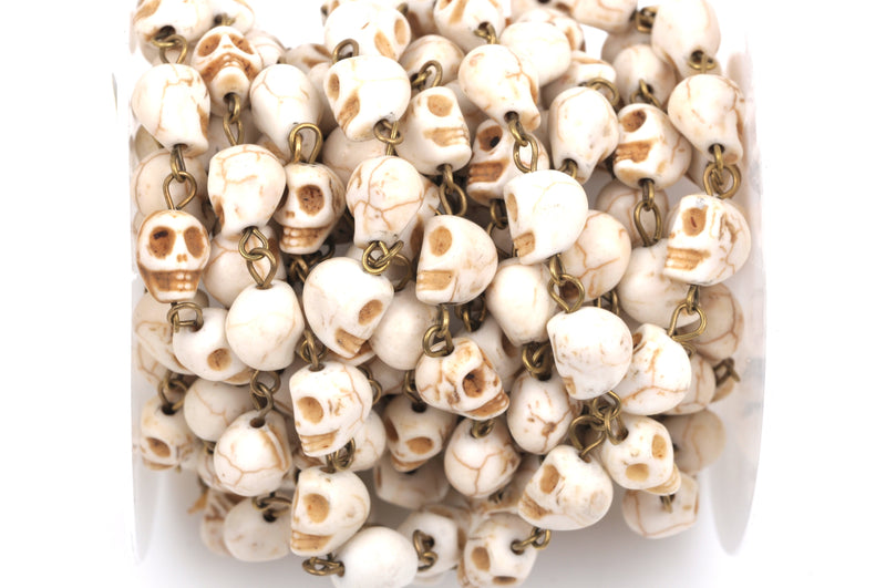 13 feet spool WHITE HOWLITE SKULL Bead Rosary Chain, gemstone chain, bronze gold links, 10mm gemstone beads, fch0371b