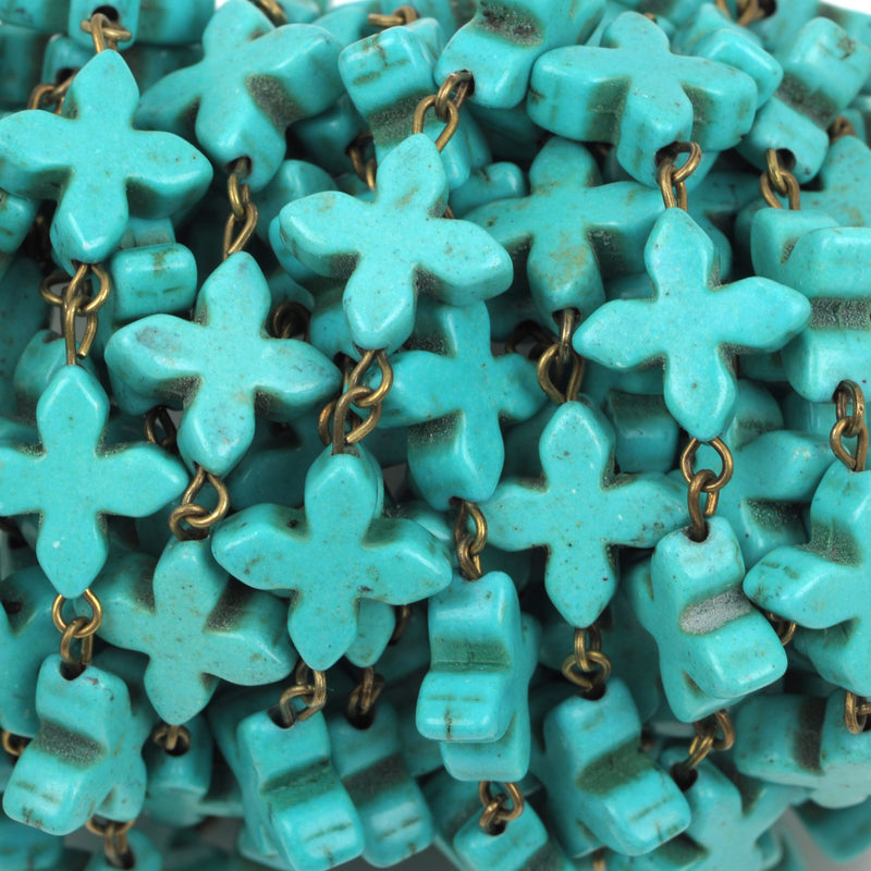 1 yard TURQUOISE Blue HOWLITE Fancy CROSS Bead Rosary Chain, gemstone chain, bronze, 14mm beads, fch0376a