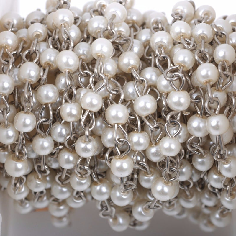 13 feet spool yard Ivory Off White Pearl Rosary Chain, silver, 4mm round glass pearl beads, fch0415b