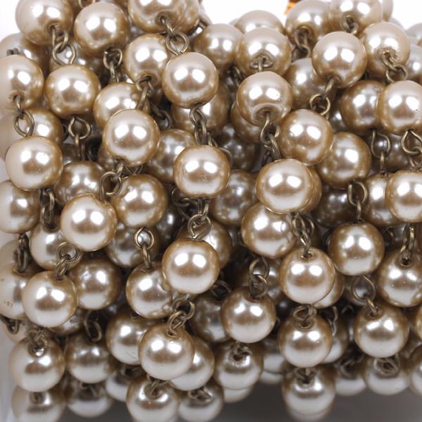 11 feet (3.67 yards) Taupe Pearl Rosary Chain, bronze, 10mm round glass pearl beads, fch0421b