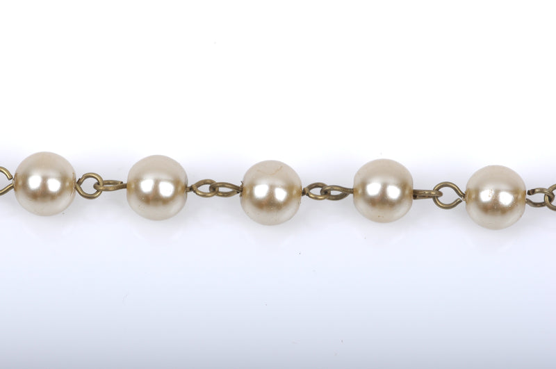 11 feet (3.67 yards) Taupe Pearl Rosary Chain, bronze, 10mm round glass pearl beads, fch0421b