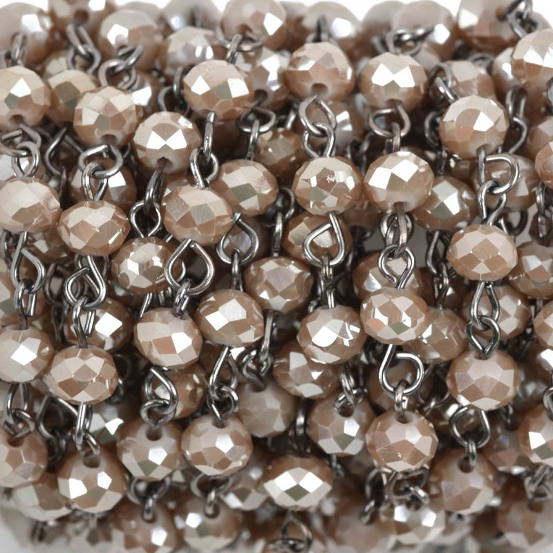 1 yard MUSHROOM BROWN TAUPE Crystal Rondelle Rosary Chain, gunmetal, 8mm faceted rondelle glass beads, fch0429a