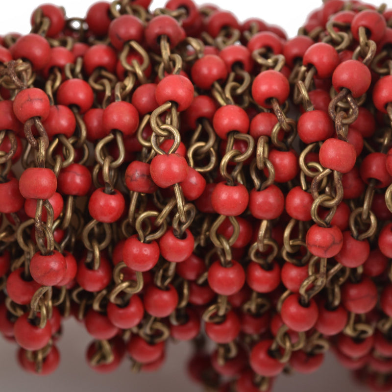 1 yard RED Howlite Rosary Chain, bronze, 4mm round stone beads fch0485a