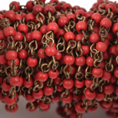 13 feet RED Howlite Rosary Chain, bronze, 4mm round stone beads, bulk on spool, fch0485b