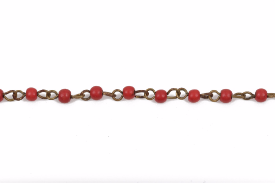 13 feet RED Howlite Rosary Chain, bronze, 4mm round stone beads, bulk on spool, fch0485b