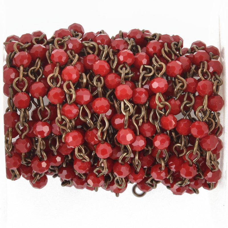 13 feet (4.33 yards) Dark Red Crystal Rosary Chain, bronze, 4mm round faceted crystal beads, fch0487b