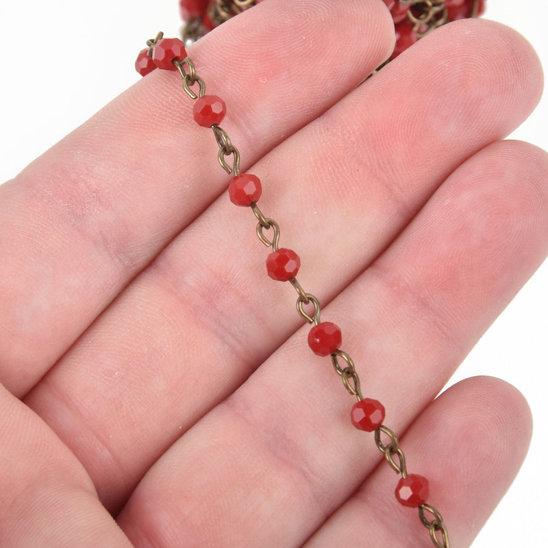 13 feet (4.33 yards) Dark Red Crystal Rosary Chain, bronze, 4mm round faceted crystal beads, fch0487b