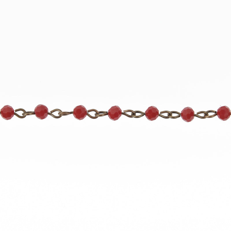 13 feet (4.33 yards) Dark Red Crystal Rosary Chain, bronze, 4mm round faceted crystal beads, fch0487b