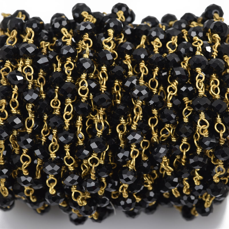 10 meters (30+ feet) JET BLACK Crystal Rondelle Rosary Bead Chain, gold double wrapped wire, 4mm faceted rondelle glass beads, fch0527b