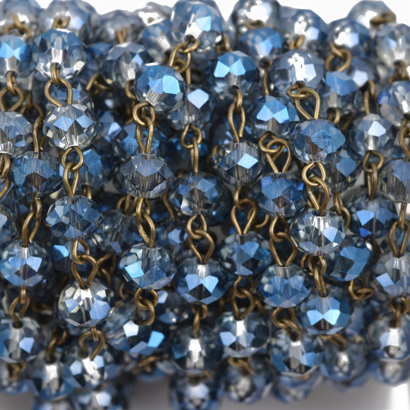 1 yard Blue AB Crystal Rondelle Rosary Chain, bronze, 8mm faceted rondelle glass beads, fch0566a