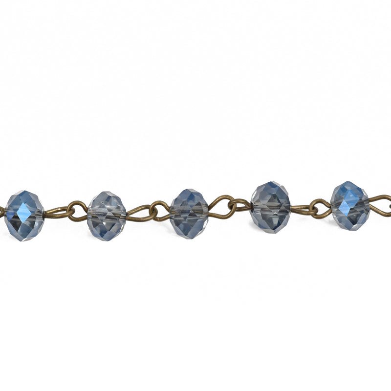 1 yard Blue AB Crystal Rondelle Rosary Chain, bronze, 8mm faceted rondelle glass beads, fch0566a