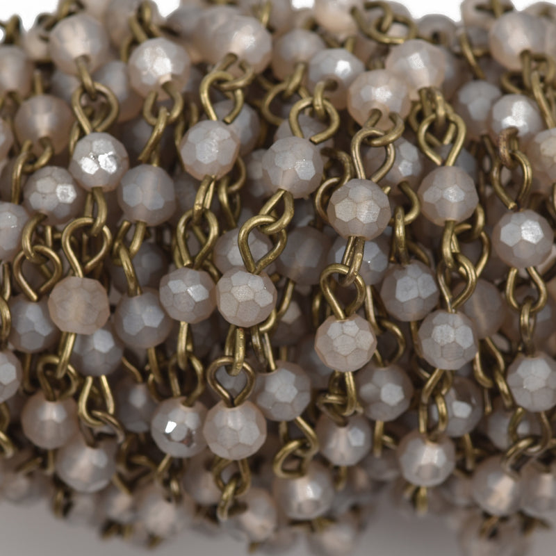 13 feet Frosted GREY Crystal Rosary Chain, bronze, 4mm round faceted crystal beads, fch0573b