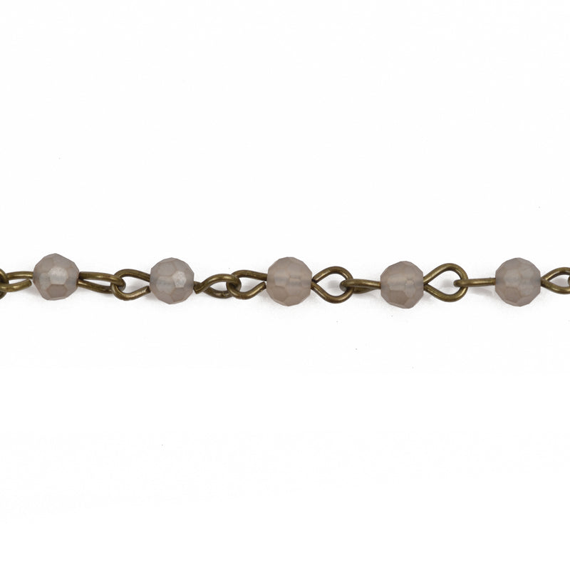 13 feet Frosted GREY Crystal Rosary Chain, bronze, 4mm round faceted crystal beads, fch0573b