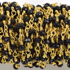 15 feet (5 yards) JET BLACK Crystal Chain, Rondelle Rosary Bead Chain, gold double wrapped wire, 3.5mm faceted glass beads fch0584B